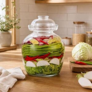Glasgefäß mit geschichtetem Gemüse als Ansatz für wilde Fermentation