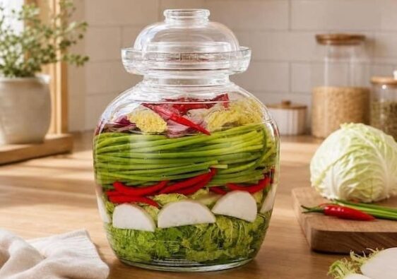 Glasgefäß mit geschichtetem Gemüse als Ansatz für wilde Fermentation