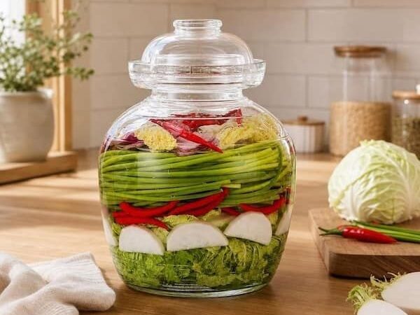 Glasgefäß mit geschichtetem Gemüse als Ansatz für wilde Fermentation